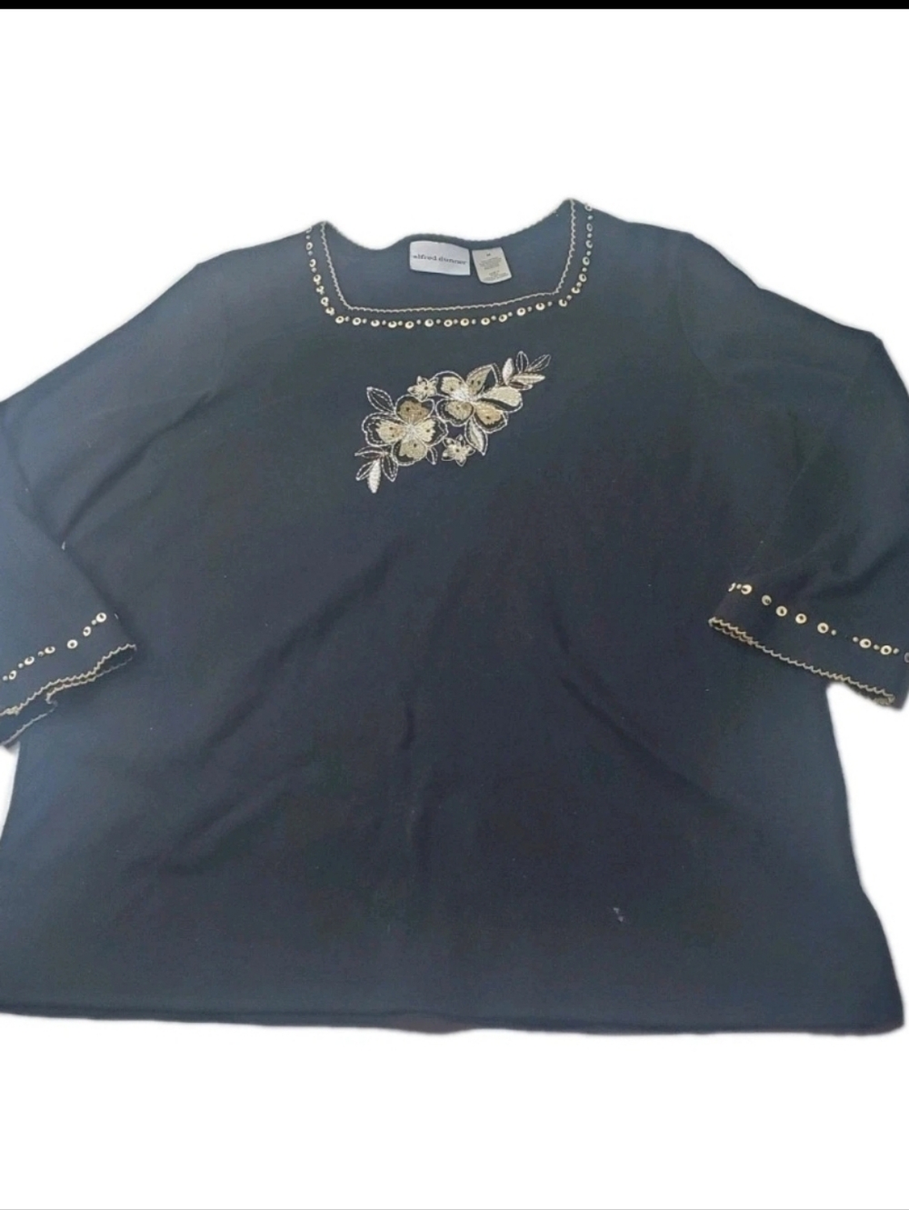Alfred Dunner Blouse Womens Medium Black Embroidered Floral Beaded Whimsygoth